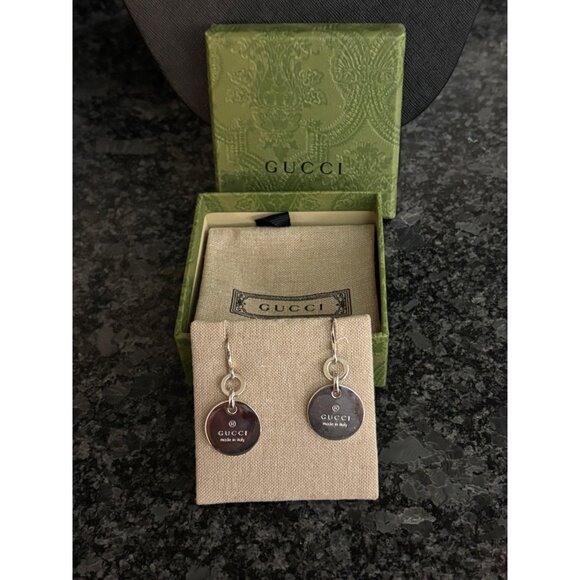 Gucci Italy Sterling Silver Dangle Drop Earrings Embossed Logo Round w Box Pouch - Picture 11 of 16